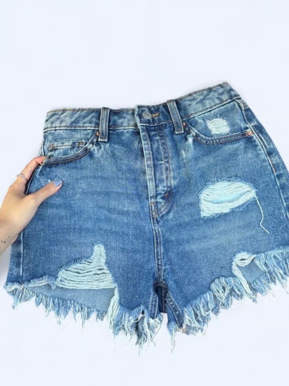 High-Waist Distressed Denim Shorts - Blue